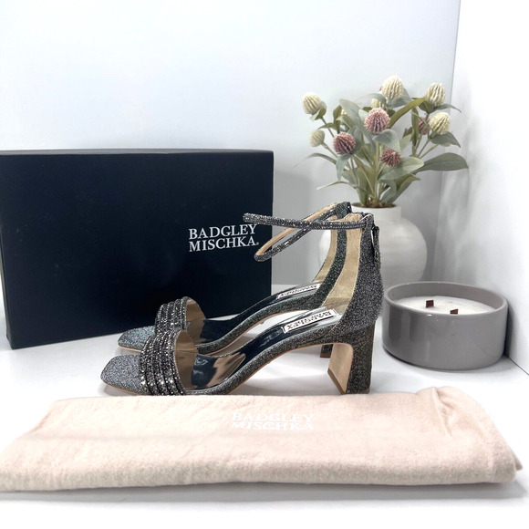 Badgley Mischka Kameryn Open Toe Block Heel Sandal Pewter Women's 8 NWB - Picture 1 of 12